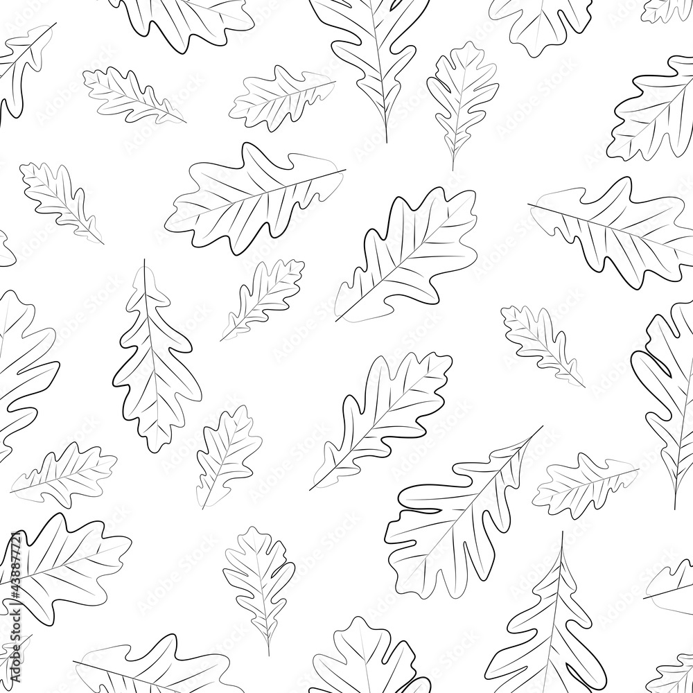 Seamless background with oak leaves, black and white, line art.