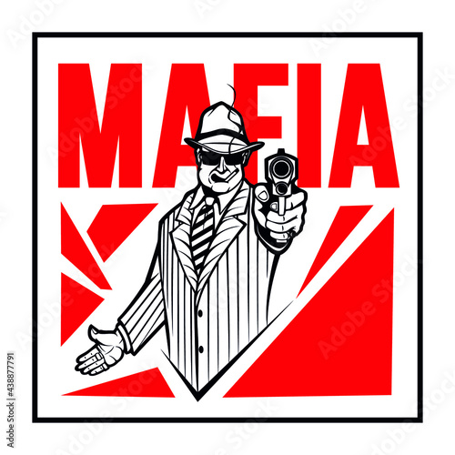 A man with a gun, in a suit and a hat. Mafia. Gangster with glasses with a cigarette, vector illustration.