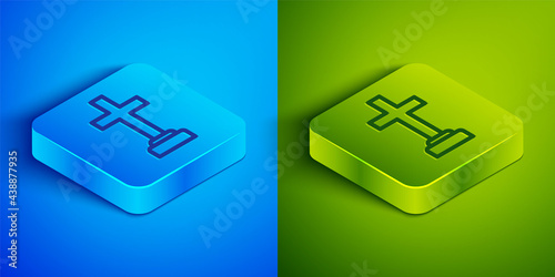 Isometric line Man graves funeral sorrow icon isolated on blue and green background. The emotion of grief, sadness, sorrow, death. Square button. Vector