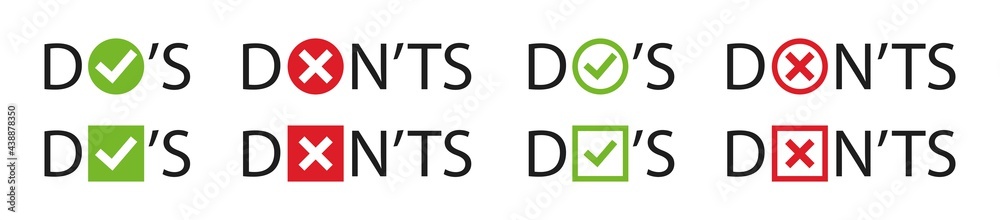 Do and Don't, check mark and cross vector icons set. Vector Do's and Don'ts checklist symbols in circle. Vector illustration. Do and Don't, check mark and cross vector icons set. Vector Do's and Don'ts checklist symbols in circle. Vector illustration.
