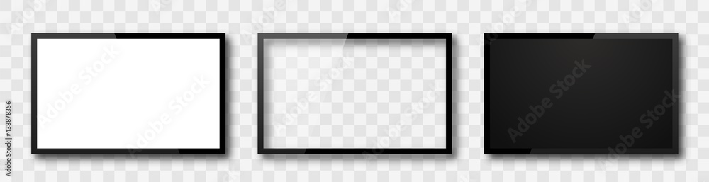 Obraz premium Realistic tv screen. Tv, lcd, led modern blank device mock up. Blank screen isolated. Television template isolated. Empty frame with shadow on transparent background. Vector illustration. 