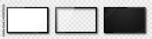 Realistic tv screen. Tv, lcd, led modern blank device mock up. Blank screen isolated. Television template isolated. Empty frame with shadow on transparent background. Vector illustration.	