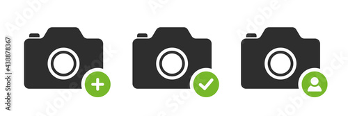 App Photo icon. Camera icon with plus, checkmark and user interface button. Pictogram for website design and mobile apps.