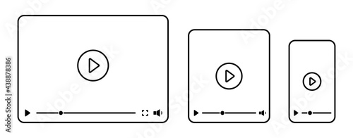 Video player interface for different devices mobile, laptop and tablet screen. Video player template isolated on white background. Media window bar blank mockup. Vector illustration.
