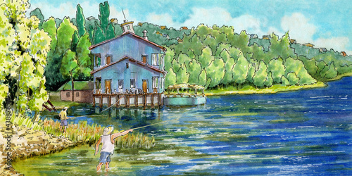 An old pier in a holiday village. Fishermen on the shore. Summer landscape. Drawing with markers. Handmade.