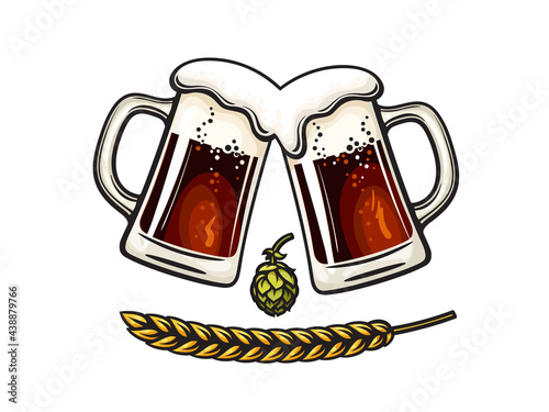 Two toasting beer mugs, barley or wheat ear and hop cone. Vector illustration.