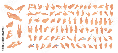 Gesturing. Set of hands in different gestures. Female hands in various situations. Hand showing signal or sign collection, on white background isolated. Wrist. ​vector illustration 
