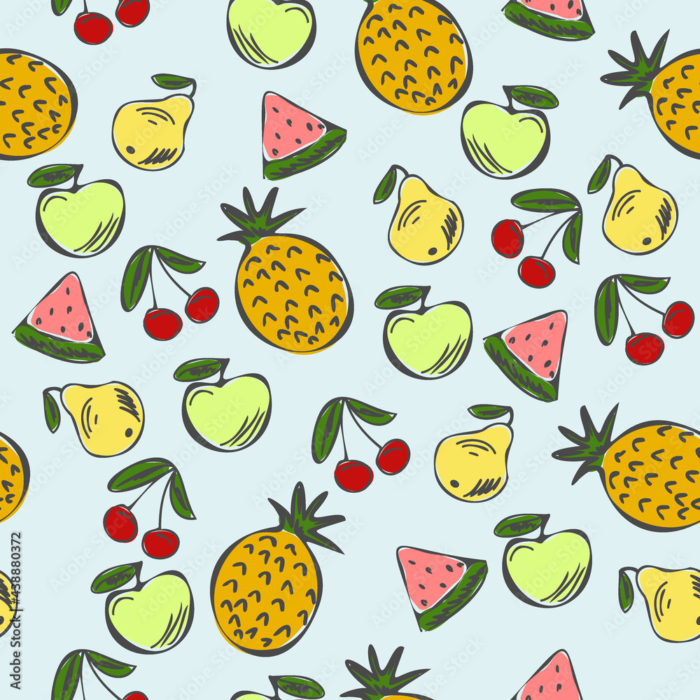 pineapple, apple, cherry, pear, watermelon, cartoon fruits, seamless pattern
pineapple, apple, cherry, pear, watermelon, cartoon fruits, seamless pattern