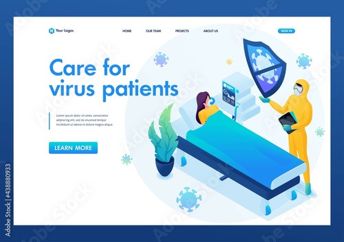 Isometric 3D. Patient With a Viral Infection Lies In a Hospital, Artificial Ventilation Of The Lungs. Landing Page