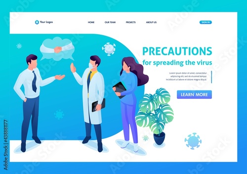 Isometric 3D. Virus Can Be Transmitted Through a Handshake. Keeps a Social Distance And Wears Masks. Landing Page