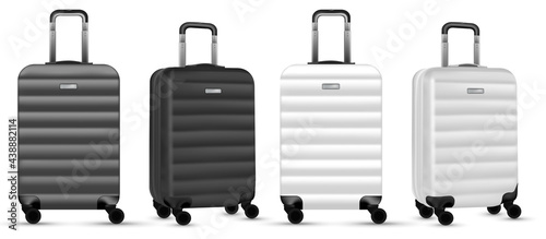 Bag travel. Silver travel plastic suitcase or vacation baggage bag collection isolated on white background. Copy space of summer vacation and business travel concept.