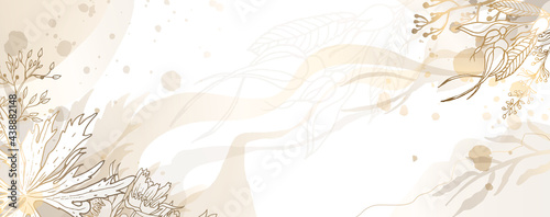 Luxurious golden wallpaper. White background. Sand-colored wall art with a shiny golden light texture. Modern art mural wallpaper. Vector illustration.