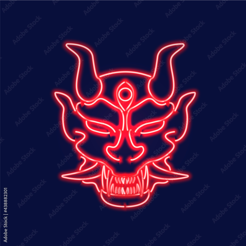 Glowing neon Oni Mask with horns icon isolated on dark blue background. Demon mask. Oni face neon. Vector Illustration Glowing neon Oni Mask with horns icon isolated on dark blue background. Demon mask. Oni face neon. Vector Illustration