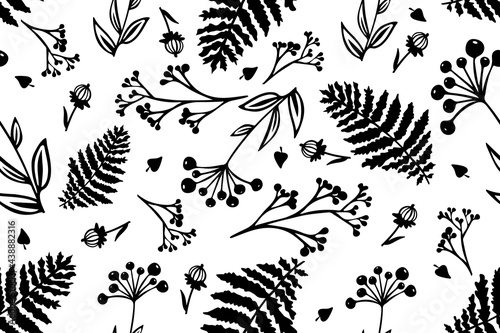 seamless pattern with forest herbs  berries  flowers  leaves  black and white background with decorative botanical elements  stylized plants  vector graphics