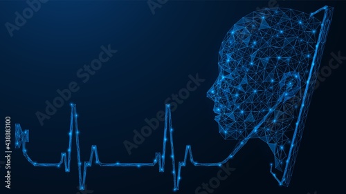 Emergency communication with the patient. Online medical consultation.  The doctor checks the heartbeat through the phone screen with a stethoscope. Polygonal construction of lines and points.