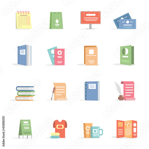 Set of advertising materials. Promotion company vector flat illustrations isolated on white background. Advertising prints on cards, flyers, clothes, and documents. Printing service concept.