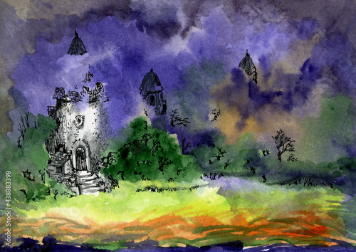 Castle in the night fog. A fairytale fortress in a magical forest. Watercolor illustration.