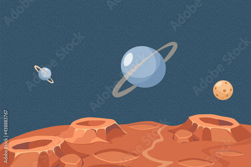 Red planet or moon surface vector flat illustration. Outer space with Saturn, Neptune, planets, and stars. Space exploring, scientific researches, and planets colonization mission concept.