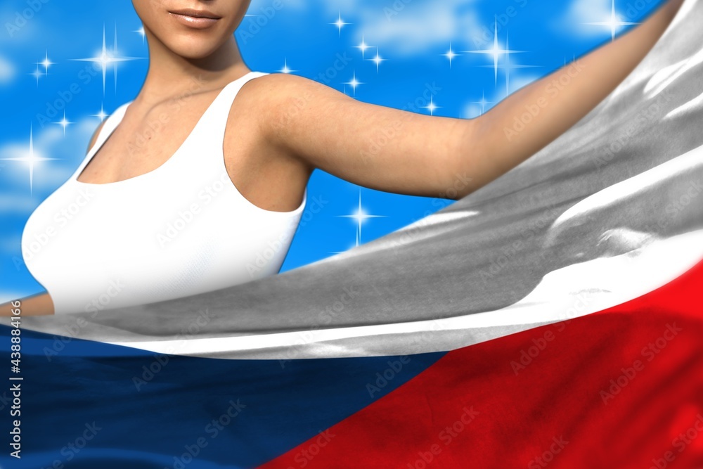 pretty lady holds Czechia flag in front on the blue colorful clouds - flag concept 3d illustration pretty lady holds Czechia flag in front on the blue colorful clouds - flag concept 3d illustration