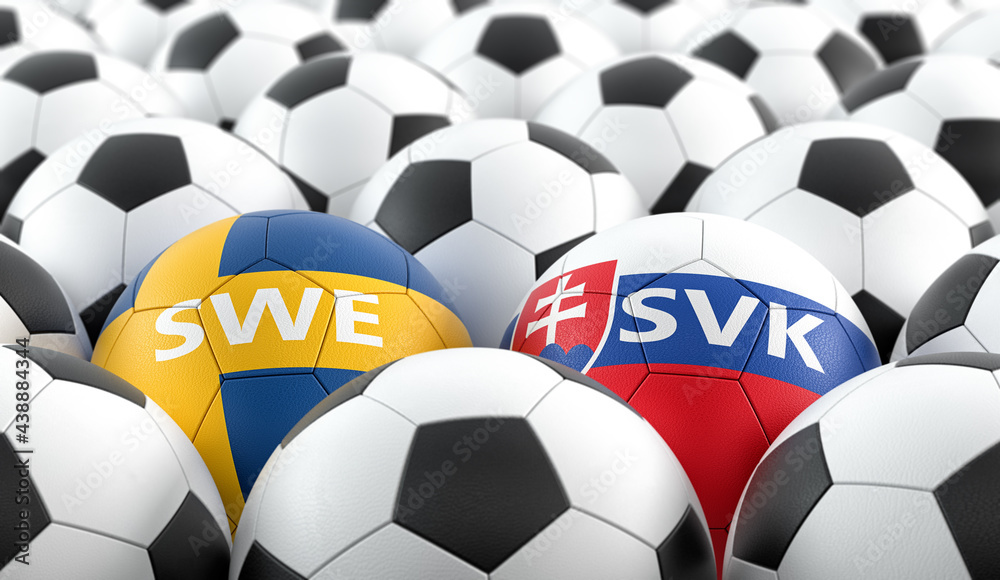 Fototapeta premium Sweden vs. Slovakia Soccer Match - Leather balls in Sweden and Slovakia national colors. 3D Rendering 