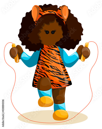 Vector image of a dark-skinned girl in clothes with a tiger print jumping rope. Concept. Cartoon style. EPS 10