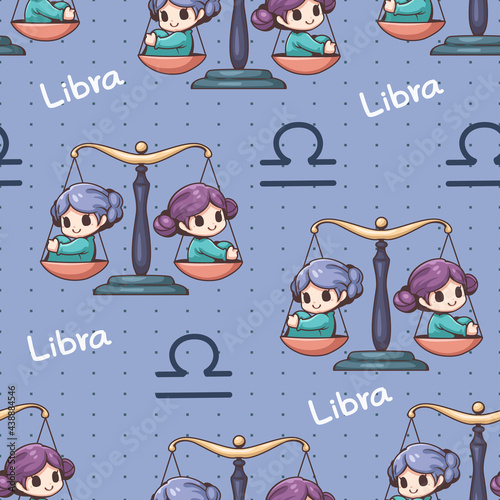 Seamless pattern libra zodiac cartoon. scales, balance. Cute character cartoon. Can be arranged in a row, left-right, top-bottom, seamlessly.