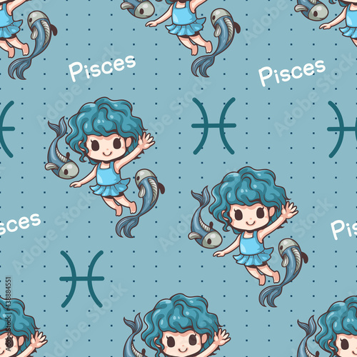 Seamless pattern pisces zodiac cartoon. fishes, animal. Children swimming with fish. Cute character cartoon. Can be arranged in a row, left-right, top-bottom, seamlessly.