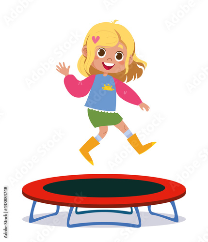Girl jumping on a trampoline. Fun at the attraction. Vector illustration in cartoon children s style. Isolated funny clipart on a white background. Cute print