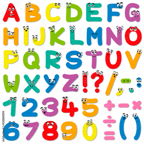Comic font, colorful funny alphabet with cute and happy faces on letters, numbers and symbols. Isolated vector illustration on white background.
