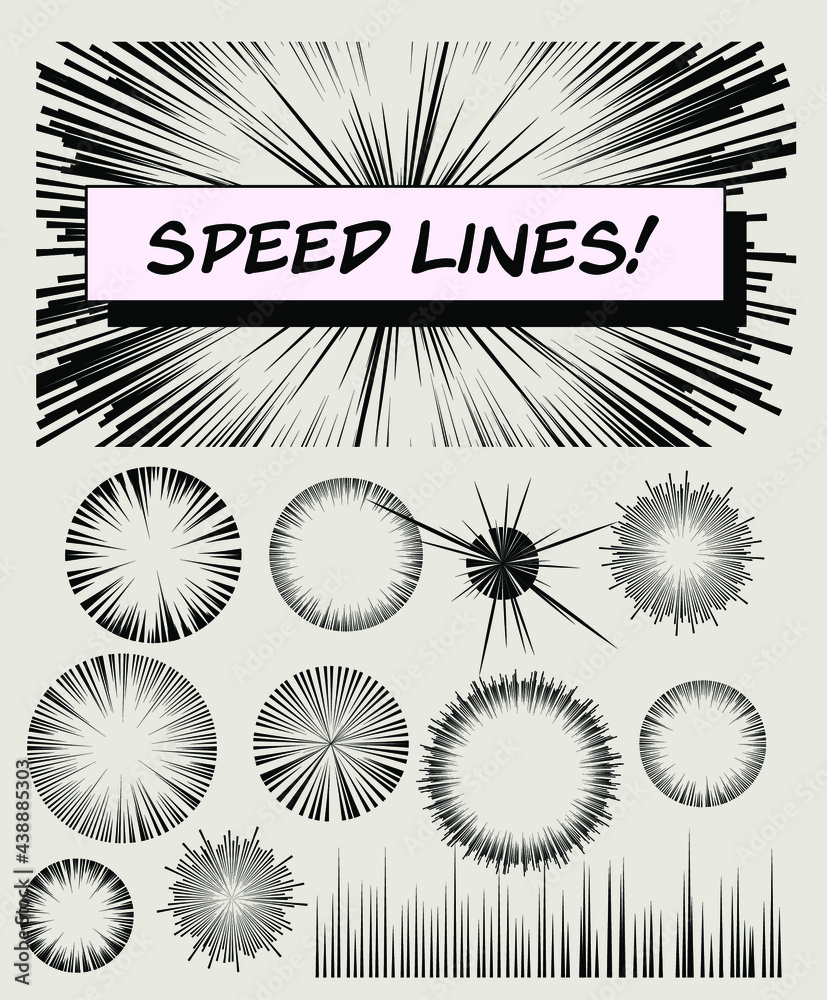 Fototapeta premium Set of vector elements for manga and comic book design. Hand-drawn lines, streaks to convey the impression of speed.