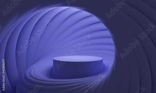 3D mock up podium in a futuristic spiral of rounded geometric shapes in purple palette. Abstract Modern platform for product or cosmetics presentation. Contemporary Stylish  background