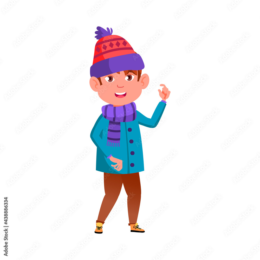 boy kid wearing winter season clothing walking on street cartoon vector. boy kid wearing winter season clothing walking on street character. isolated flat cartoon illustration