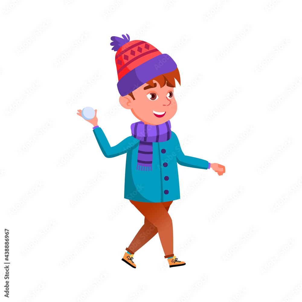 little boy in winter clothing throwing snow ball cartoon vector. little boy in winter clothing throwing snow ball character. isolated flat cartoon illustration