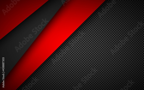 Black and red overlap layers background with carbon fibre texture. Modern material design background. Vector illustration corporate template