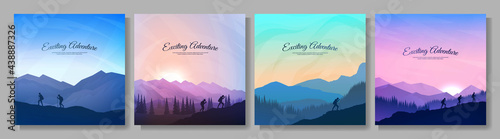 Vector illustration. Landscapes set. Travel concept of discovering, exploring and observing nature. Hiking. Adventure tourism. Friends going hike, climb on mountain. Design for social media, gift card