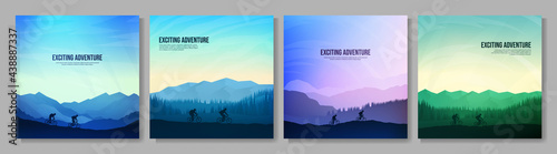 Vector illustration. Mountain bike. Travel concept of discovering, exploring and observing nature. Couple cycling. Adventure extreme tourism. Flat design elements or social media, web template