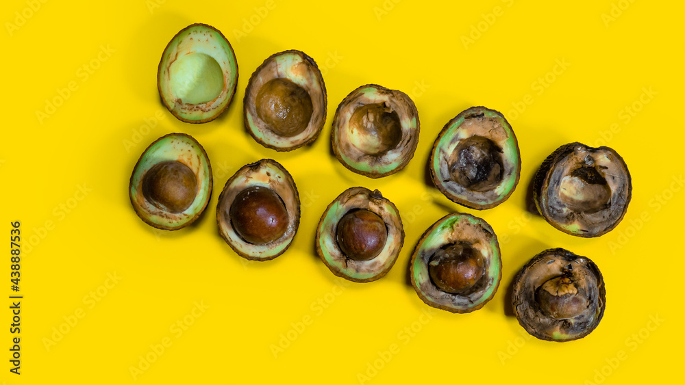 Avocado evolution from good to rotten fruits. Creative composition many avocado cuts in halfs on yellow background. Rotten avocado piles cannot be eaten. Avocado evolution from good to rotten fruits. Creative composition many avocado cuts in halfs on yellow background. Rotten avocado piles cannot be eaten.