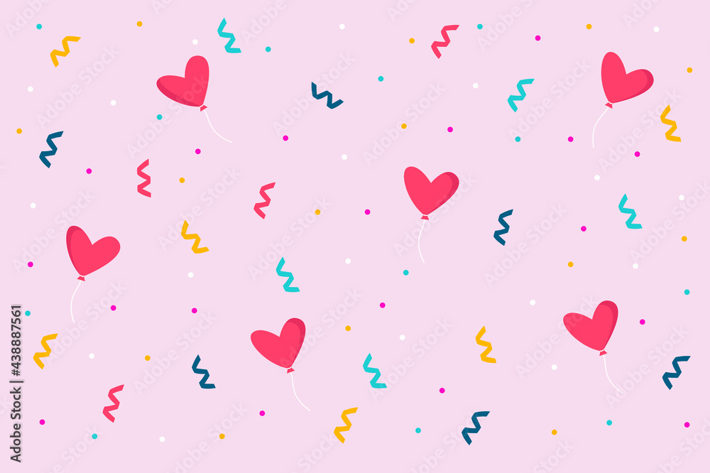 Balloons hearts and confetti on pink background. 