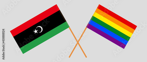 Crossed flags of Libya and LGBTQ. Official colors. Correct proportion