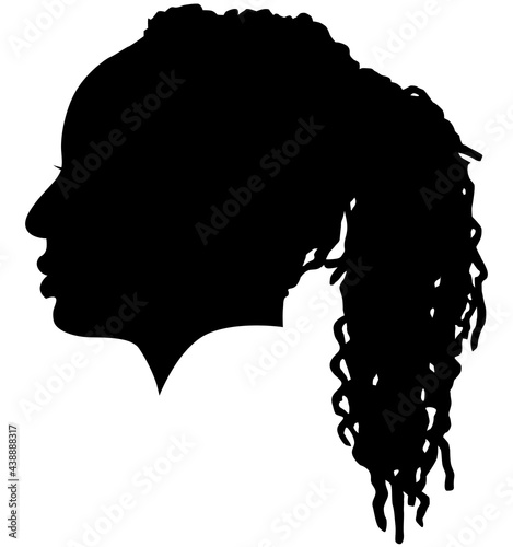 Black Girl African American female, African woman profile picture. Black woman from the side with afroharren. African American afro hair tied Dreadlocks Hairstyle. Dread Styles, dreadlock styles. photo