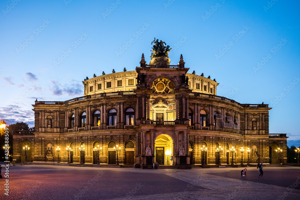Semper Opera House, Dresden, Germany in blue hour, lited by yellow lights