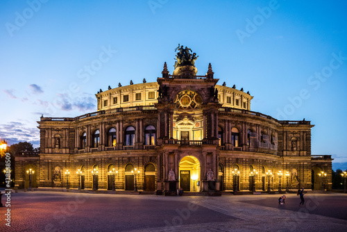 Semper Opera House, Dresden, Germany in blue hour, lited by yellow lights