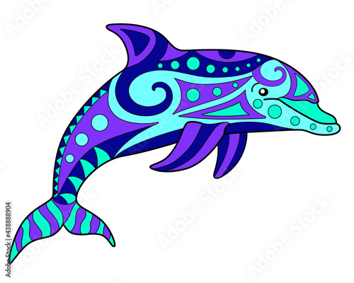 Dolphin - vector linear full color zentangle illustration - with marine mammal animal. Template for stained glass, batik or coloring. Bottle-nosed dolphin painted with zentangles.