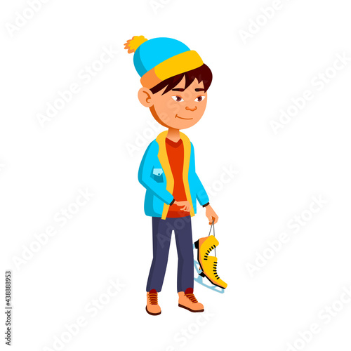 preteen boy in winter seasonal clothes holding skates cartoon vector. preteen boy in winter seasonal clothes holding skates character. isolated flat cartoon illustration