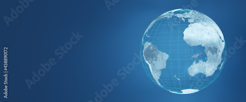 Blue stylized wireframe technical illustration of earth and continents  communication and connection concept with room for text  3D render