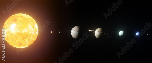 Fototapeta Naklejka Na Ścianę i Meble -  Educational diagram model of solar system with sun stars and planets in our galactic cosmos with milky way in background and room for text