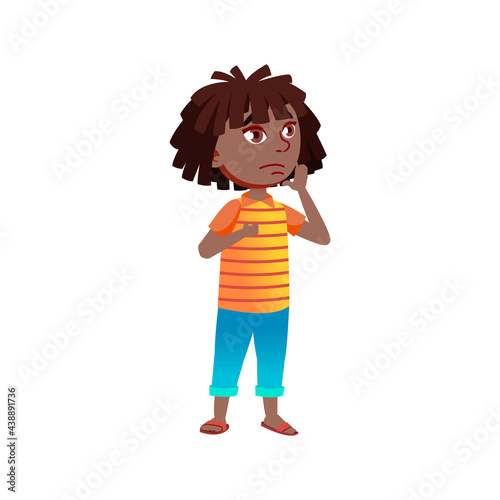 confused african girl choosing candy in supermarket cartoon vector. confused african girl choosing candy in supermarket character. isolated flat cartoon illustration