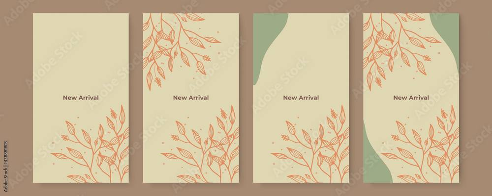 Vector set of colourful social media stories design templates, backgrounds with copy space for text - floral landscape. Summer background with leaves and waves