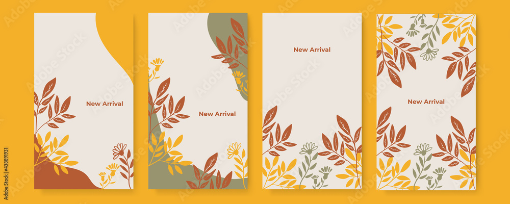 Vector set of colourful social media stories design templates, backgrounds with copy space for text - floral landscape. Summer background with leaves and waves Vector set of colourful social media stories design templates, backgrounds with copy space for text - floral landscape. Summer background with leaves and waves