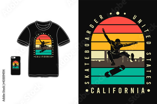 Skateboarder california,t-shirt merchandise silhouette retro style